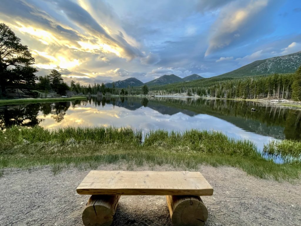 Bench at Sunrise on Sprague Lake