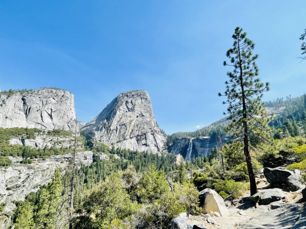 Nevada Falls from Clark Point with mountains and trees
