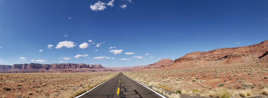 View of road and wide mountains in Arizona Route 89a towards Utah