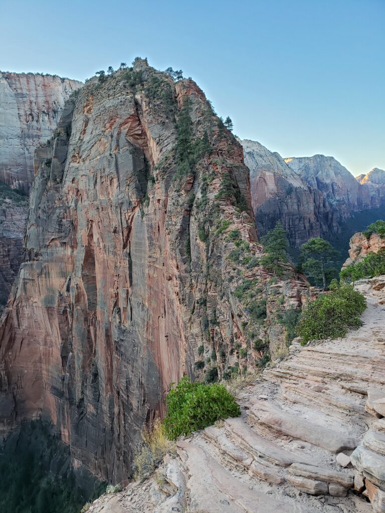 View of Angels Landing, a rocky ridge with blue sky
