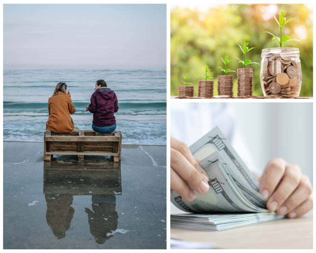 Frames of a couple talking on beach, stacks of coins with plants growing, and someone stacking money