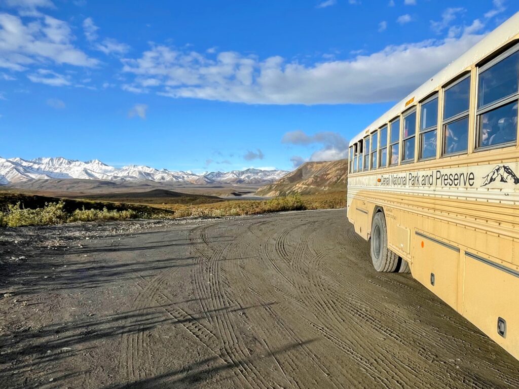 View of parking lot with yellow school bus with Denali on the side of bus, overlooking snow covered mountains with cloudy blue sky