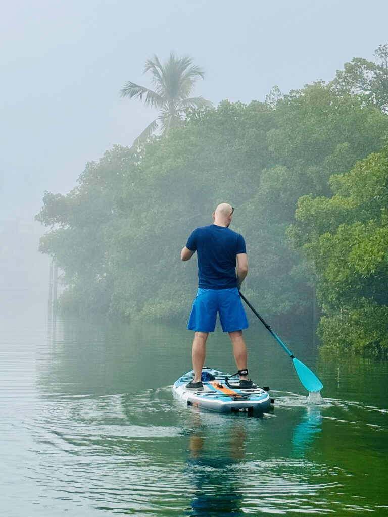 Paddleboarder standing and paddling on water with fog and greenery